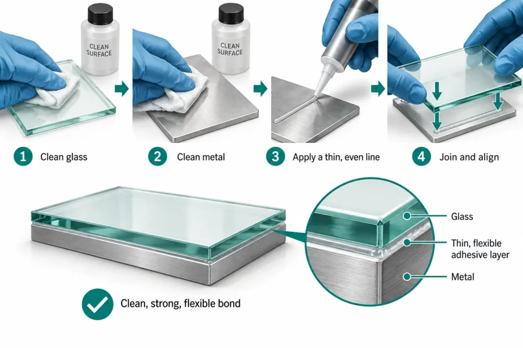 Clean glass and metal surfaces with thin flexible bond line