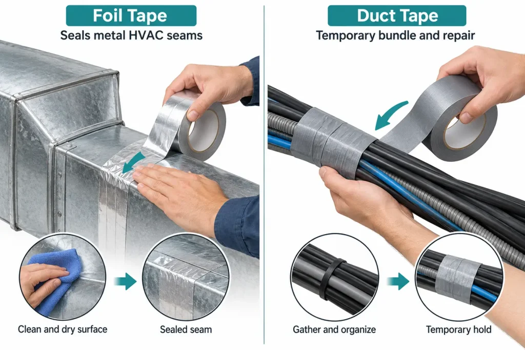 Foil tape sealing metal hvac seam versus cloth duct tape temporary bundle