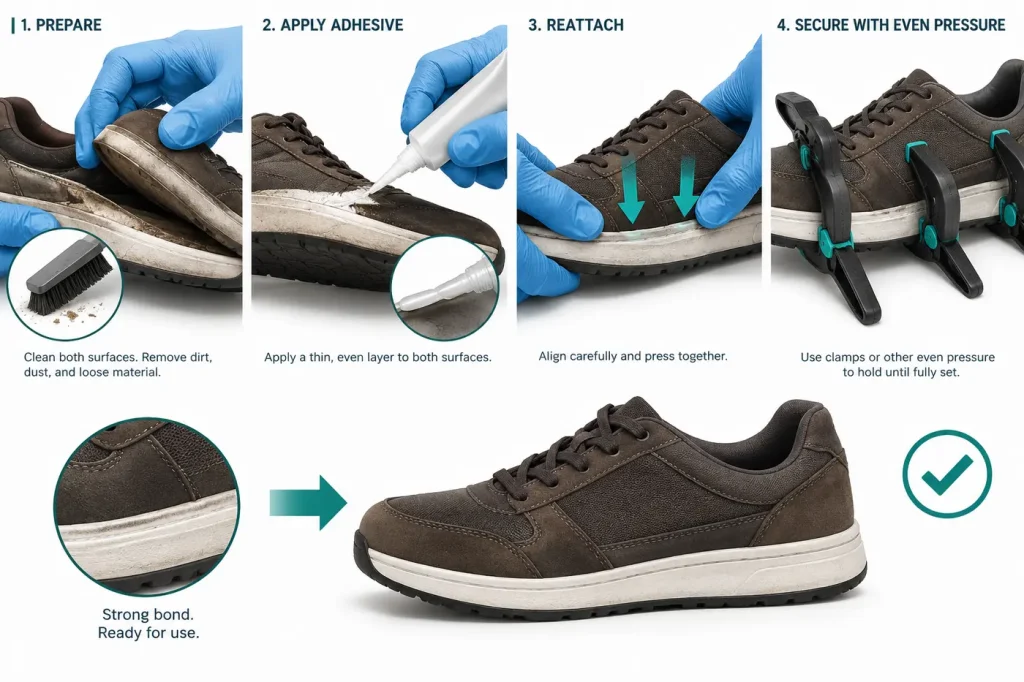 Flexible shoe sole reattached with adhesive and even pressure