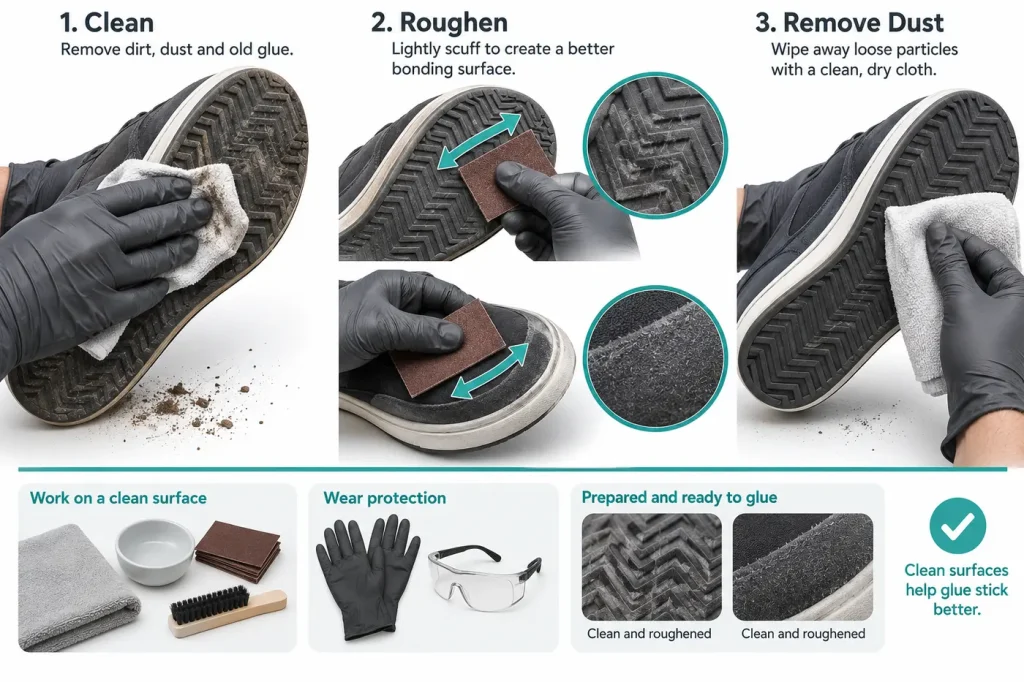 Clean roughen shoe sole and upper matching surfaces