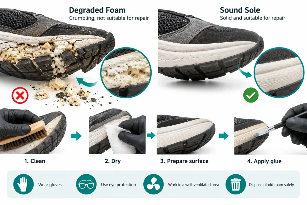 Crumbled degraded shoe foam versus sound sole suitable for repair