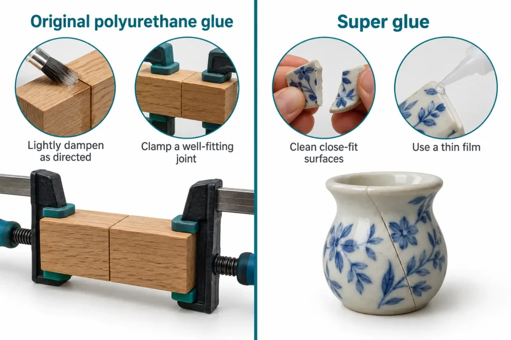 Water-activated polyurethane glue clamped on wood versus superglue tiny rigid repair