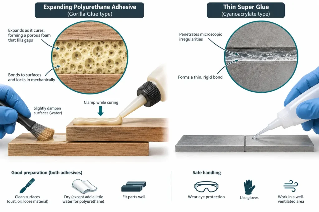 Expanding polyurethane bead and thin superglue bond cross-sections