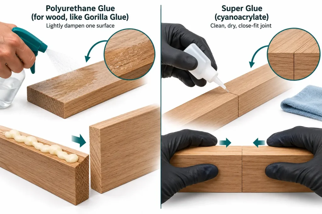 Dampen wood lightly for polyurethane versus dry close-fit joint for superglue