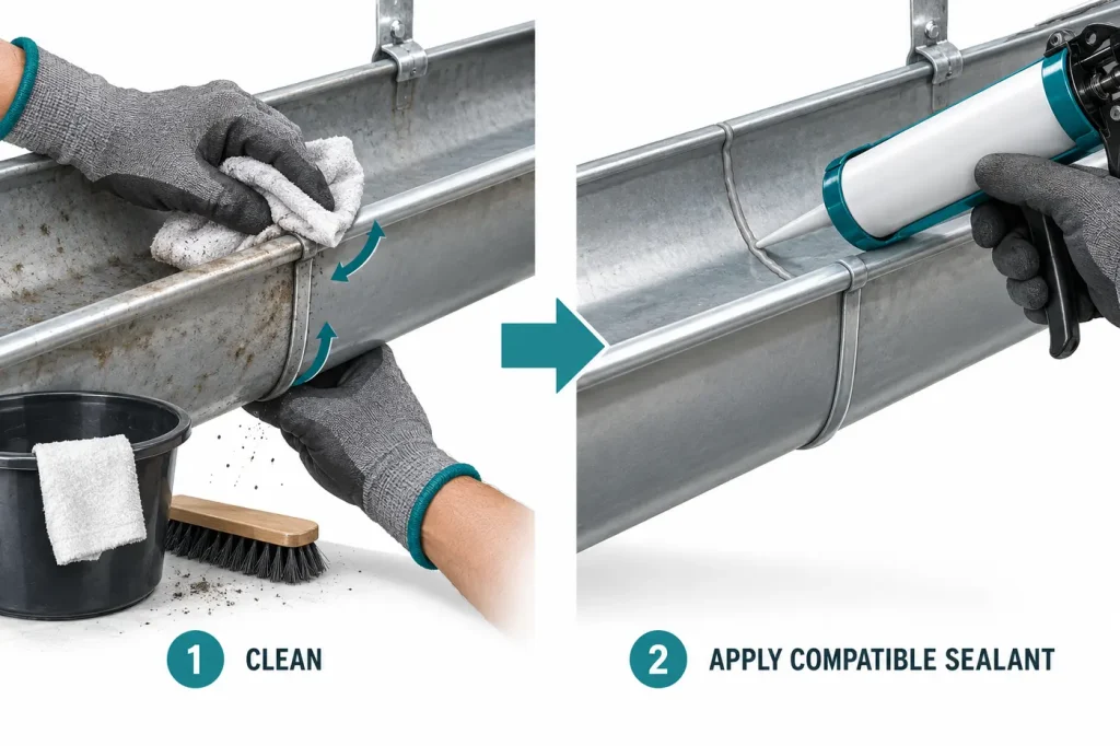 Metal gutter seam cleaned before compatible sealant bead