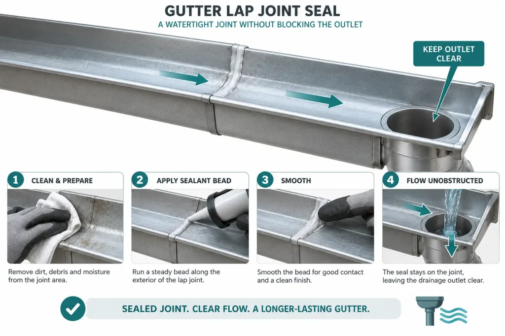 Gutter lap joint bead leaving drainage outlet unobstructed