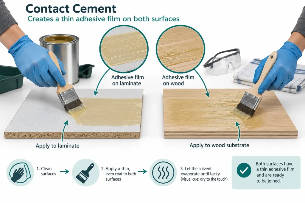 Contact cement films on both laminate and wood substrate