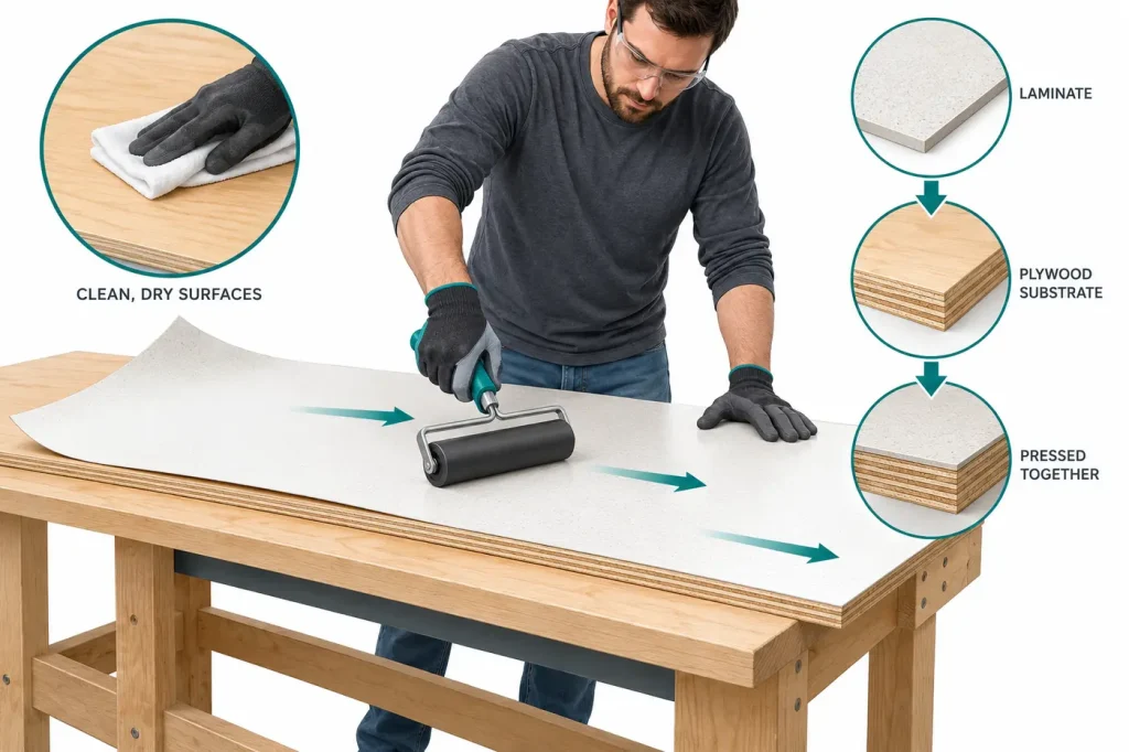 Roller pressing laminate onto plywood supported bench