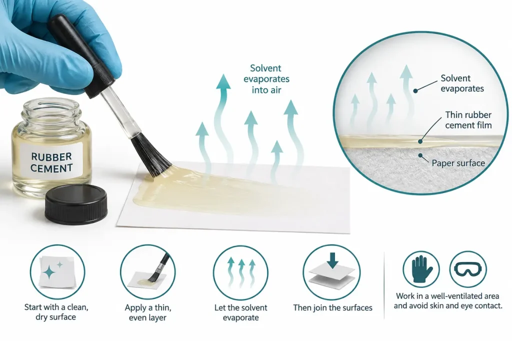 Thin rubber cement film evaporating solvent into air