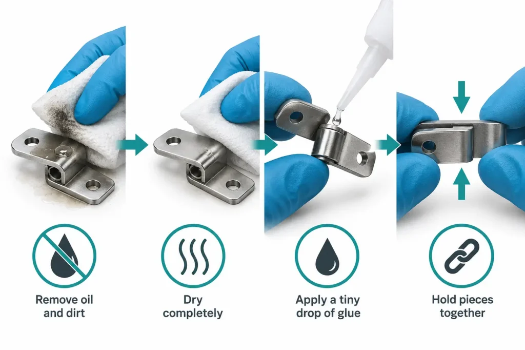 Remove oil and dry a small metal joint before a tiny glue drop