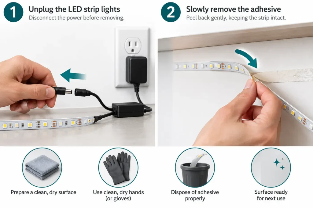 Unplug led strip before slow adhesive removal