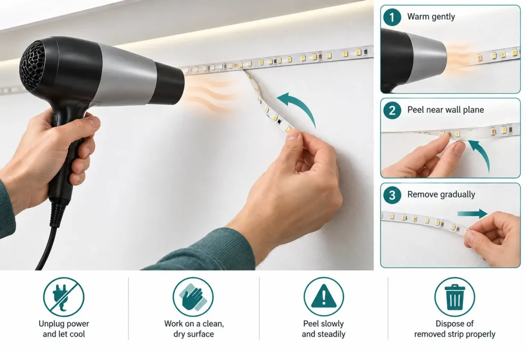 Warm gently and peel led strip near wall plane