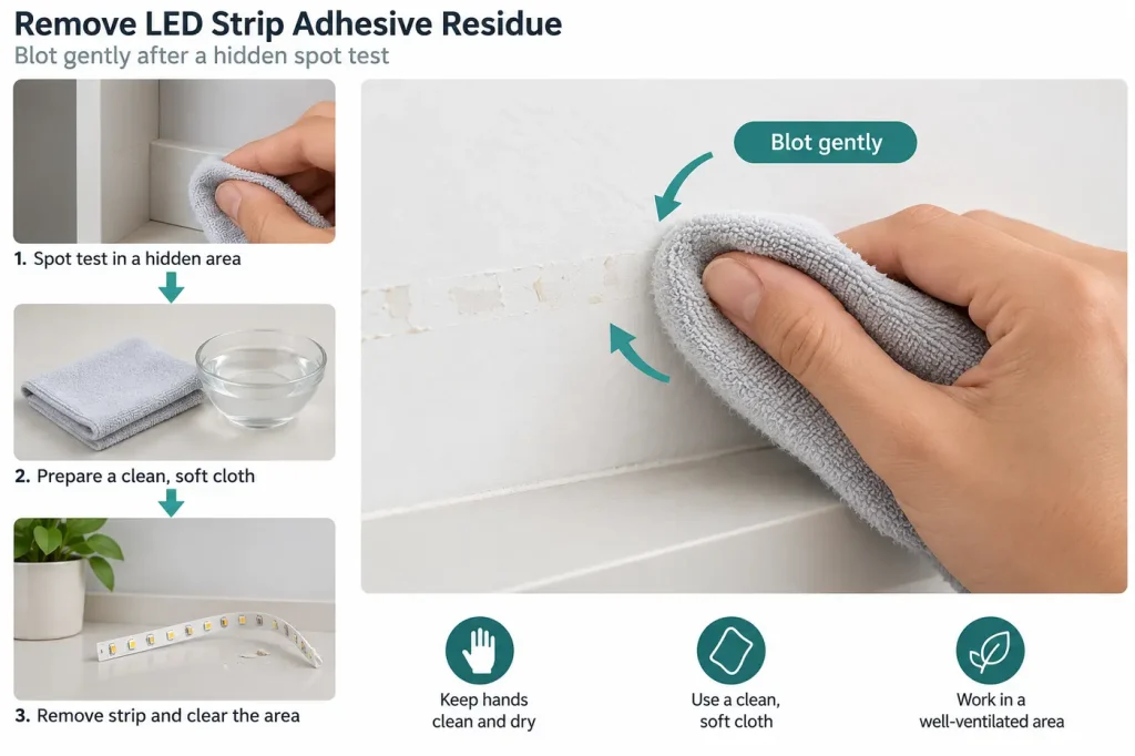Cloth blotting remaining strip adhesive after hidden spot test