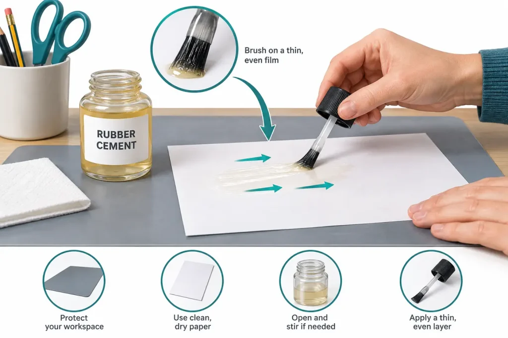 Brush thin rubber cement film onto paper on protected desk