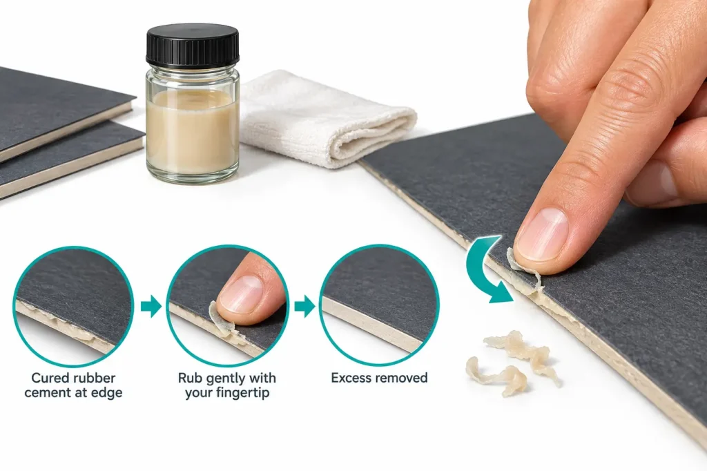 Rub cured rubber cement excess from edge using fingertip