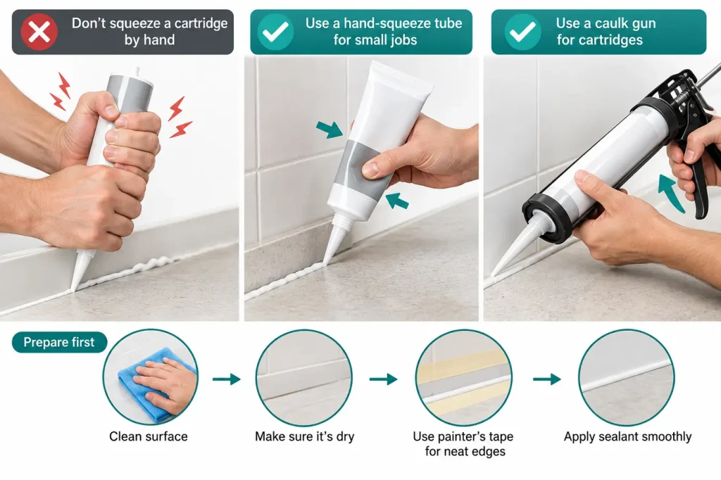 Unsupported cartridge versus proper hand-squeeze tube and caulk gun