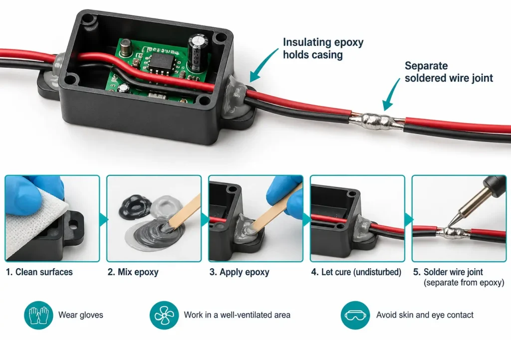Insulating epoxy holding casing beside separate soldered wire joint