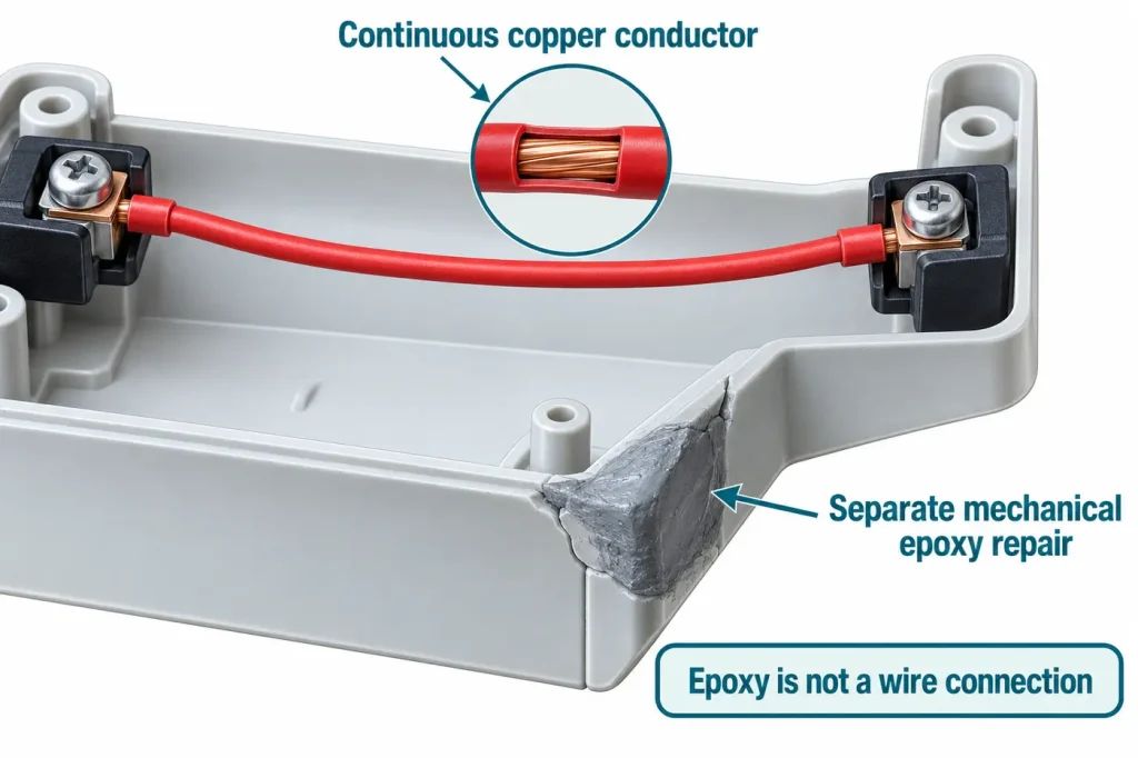 Electrical current route through wire not epoxy patch