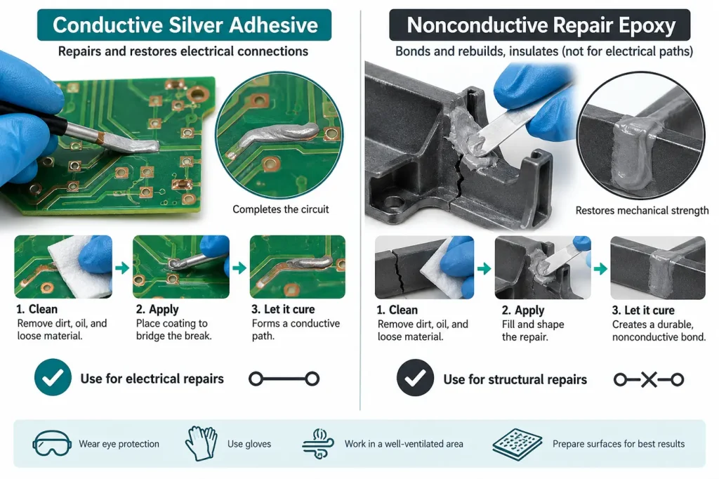 Conductive silver adhesive versus nonconductive repair epoxy
