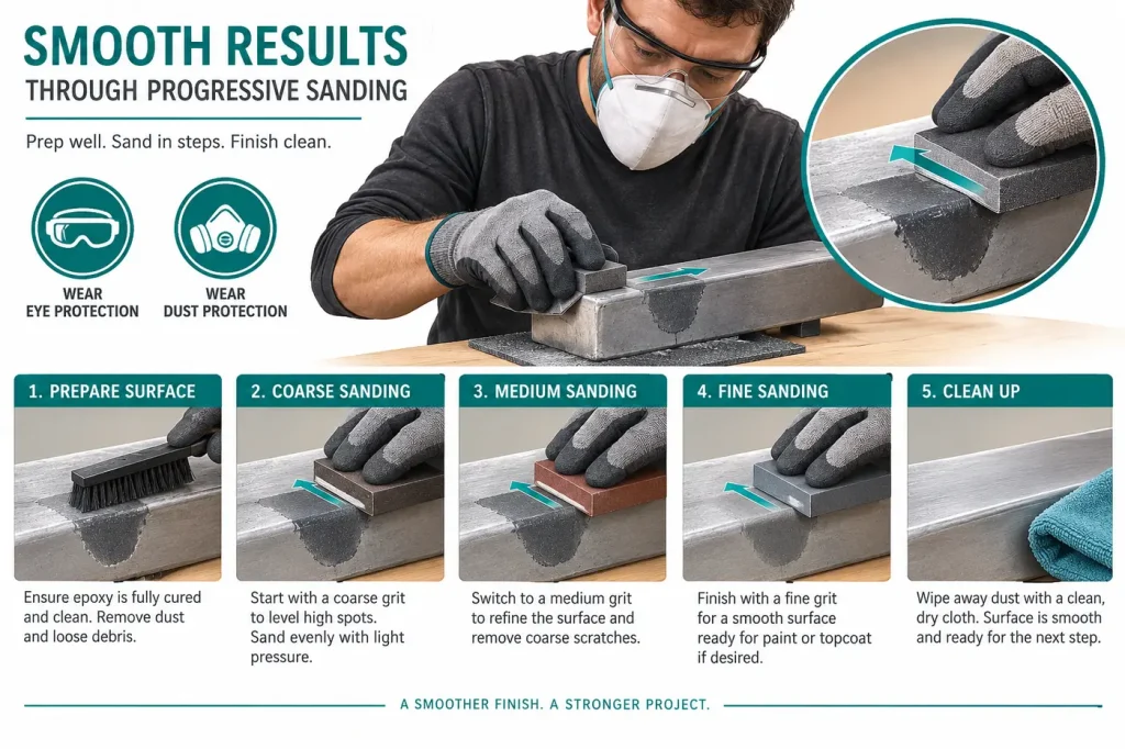 Fine progressive sanding on epoxy with eye and dust protection