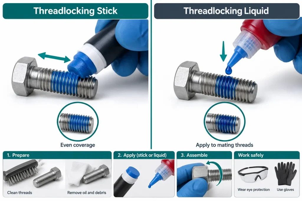 Threadlocking stick versus liquid drop on metal bolt threads