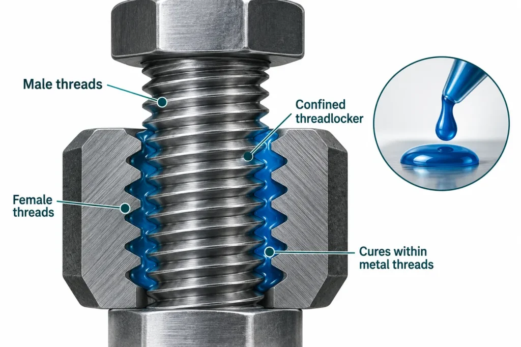 Threadlocker confined between engaged male and female metal threads