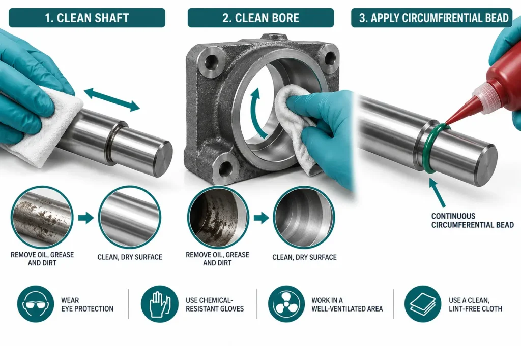 Clean shaft and bore before circumferential retaining compound bead