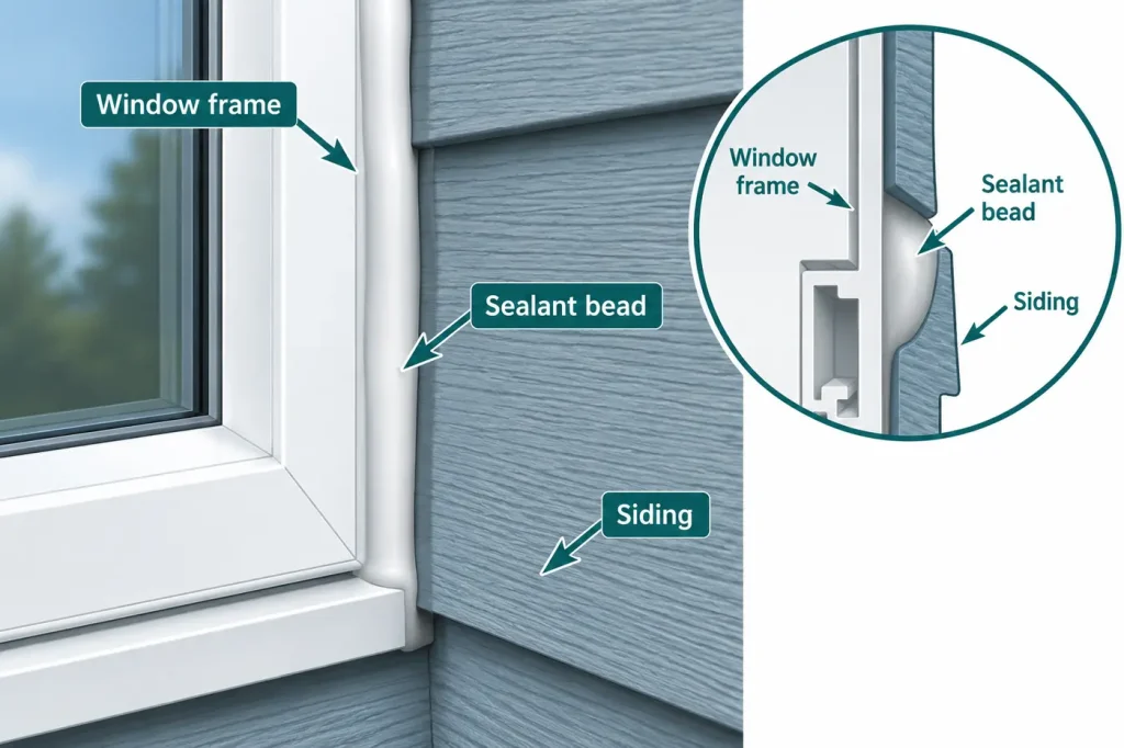 Exterior window joint with sealant bridging two surfaces