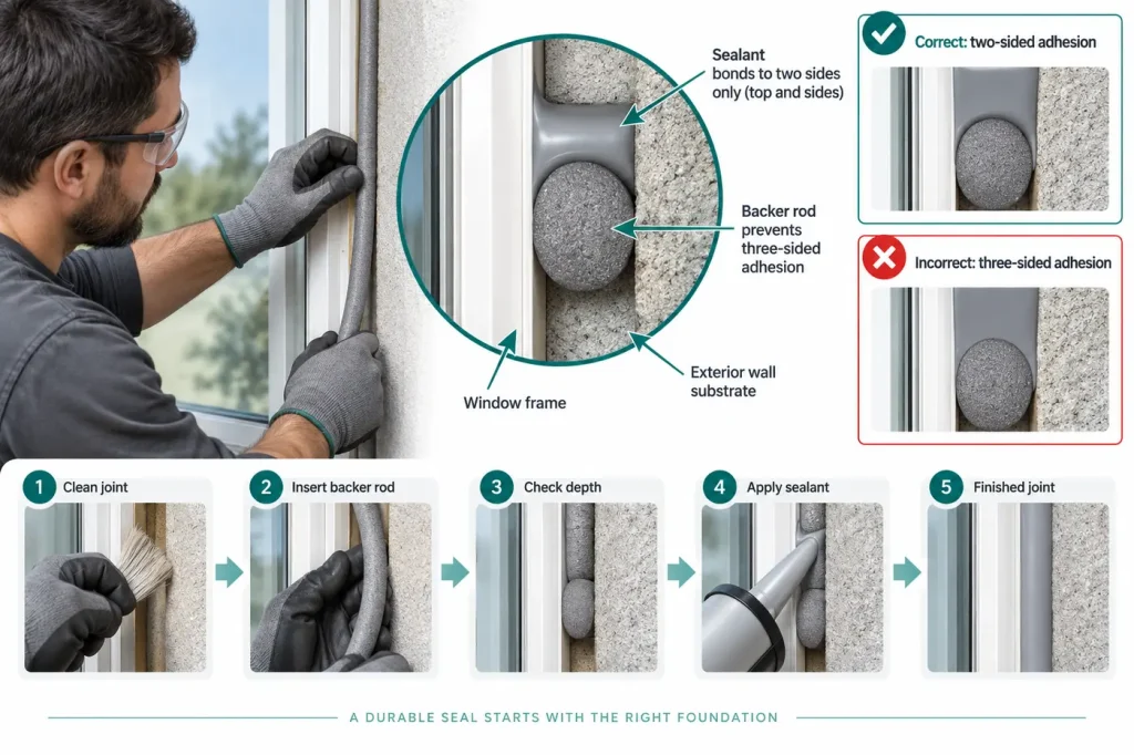 Window joint cross-section backer rod avoiding three-sided adhesion
