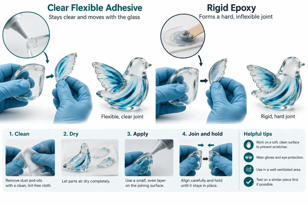 Clear flexible adhesive joining glass decoration versus rigid epoxy joint