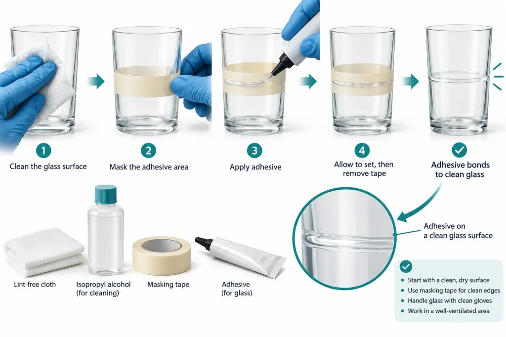 Clean glass surface and masked adhesive area