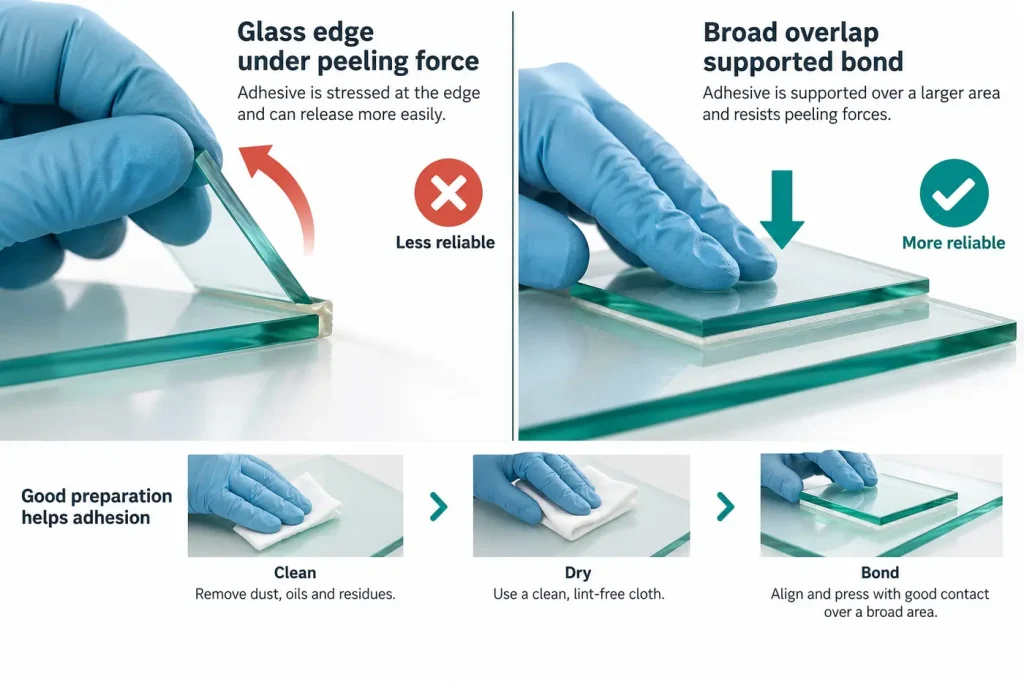 Glass edge under peeling force versus broad overlap supported bond
