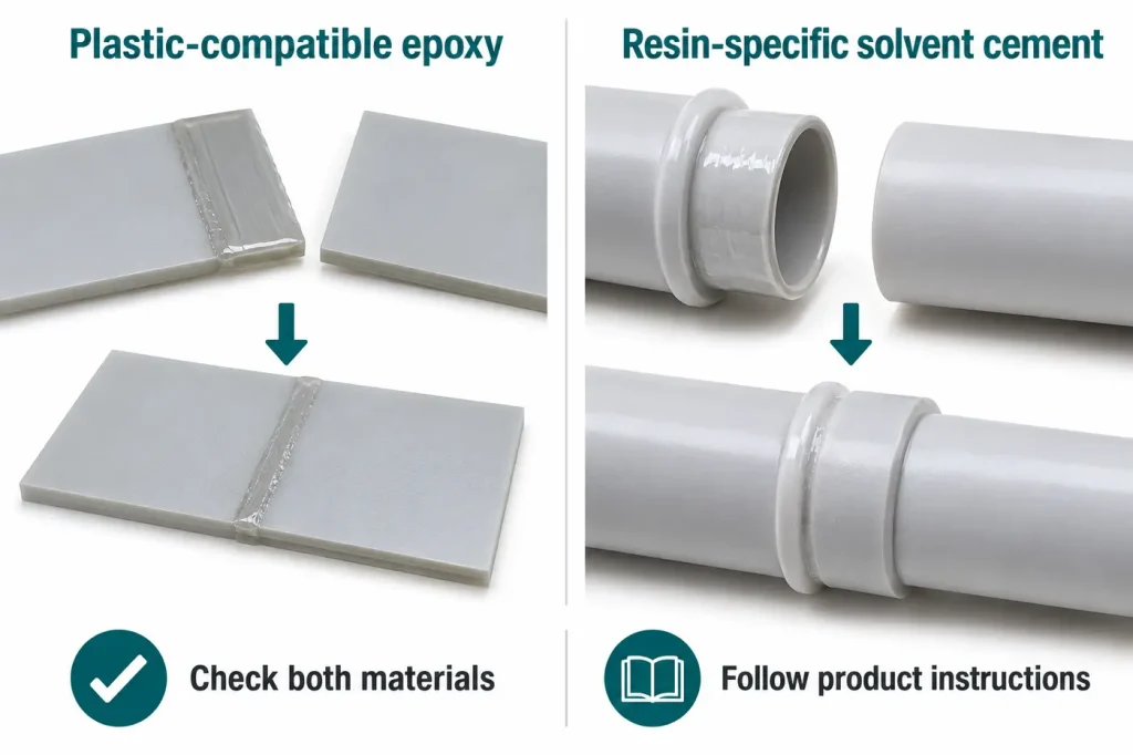 Plastic-compatible epoxy versus plastic solvent cement joint