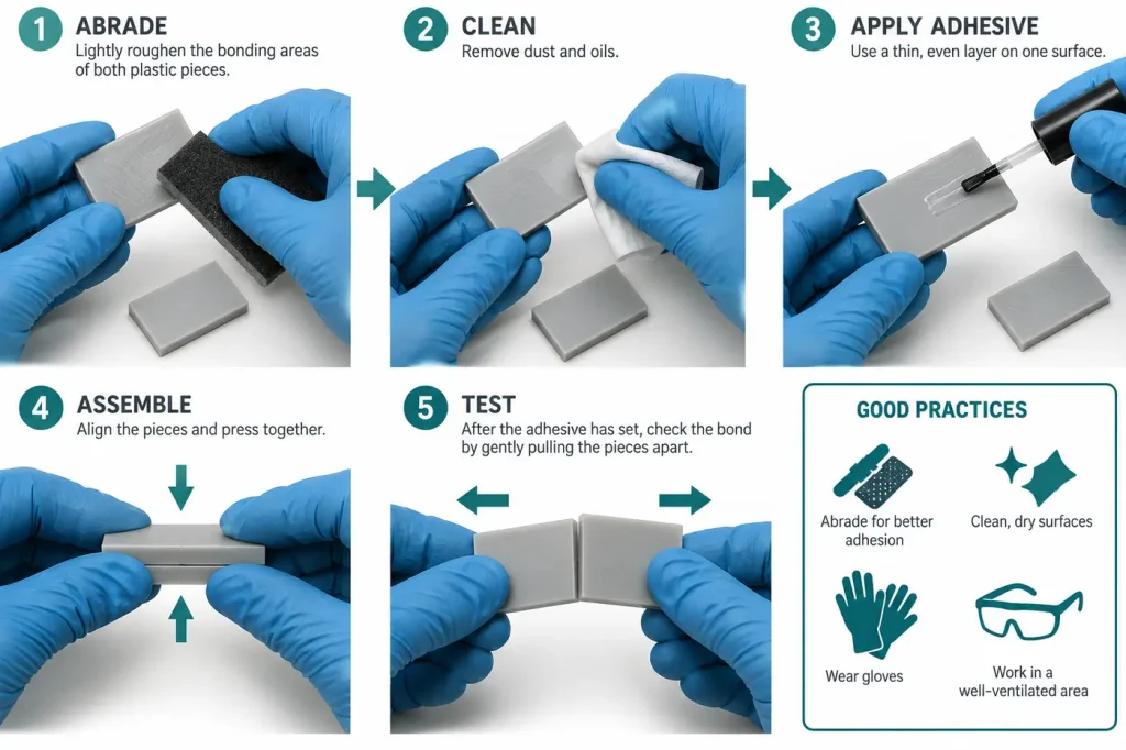 Abrade clean and test a small plastic adhesive coupon