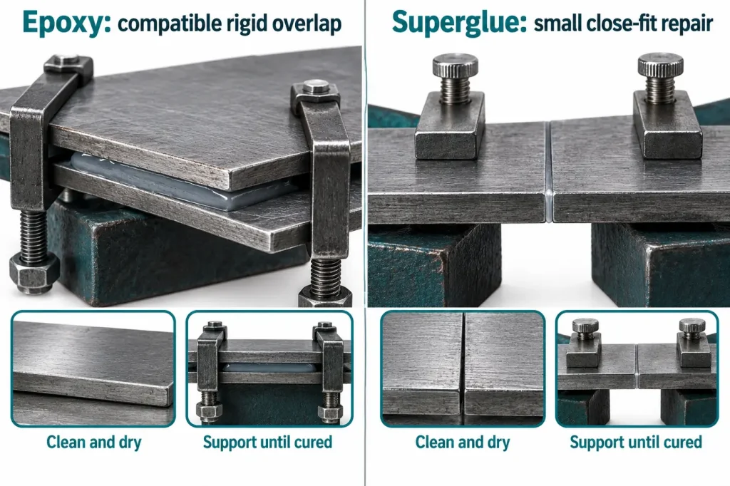 Epoxy overlapping metal plates versus tiny close-fit superglue repair