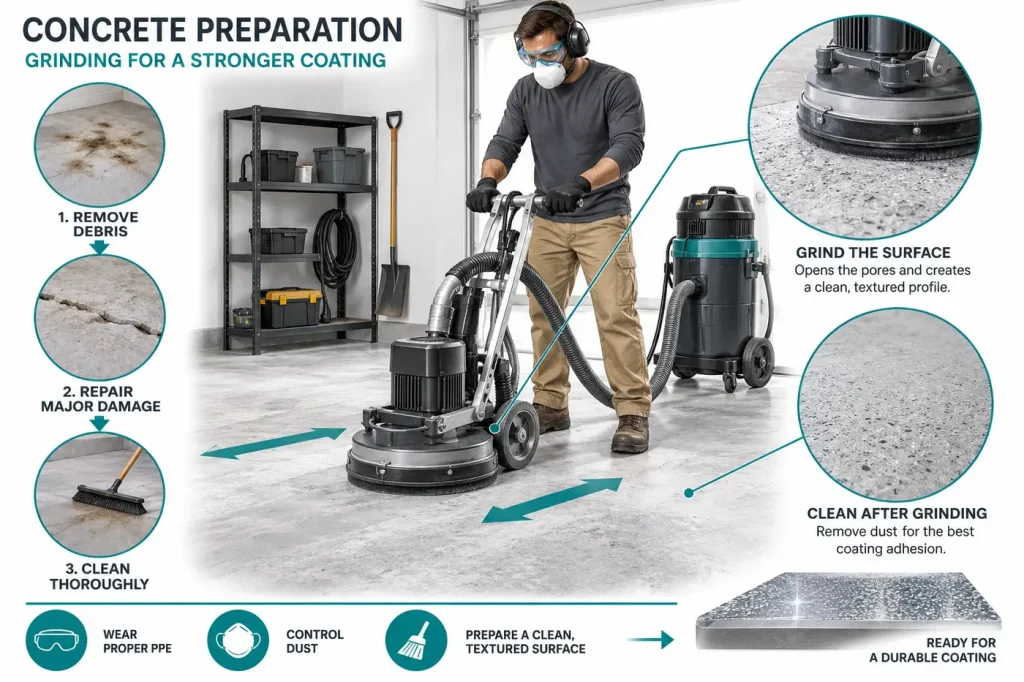 Garage concrete slab prep grinding before protective coating