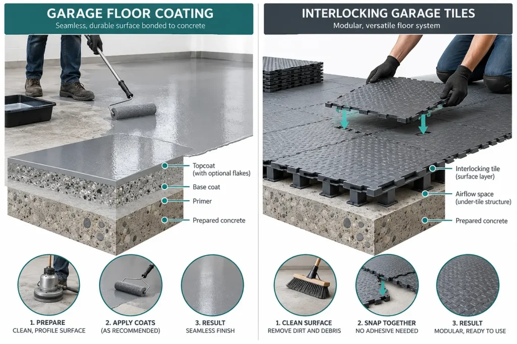 Garage floor coating versus interlocking tile cross-sections