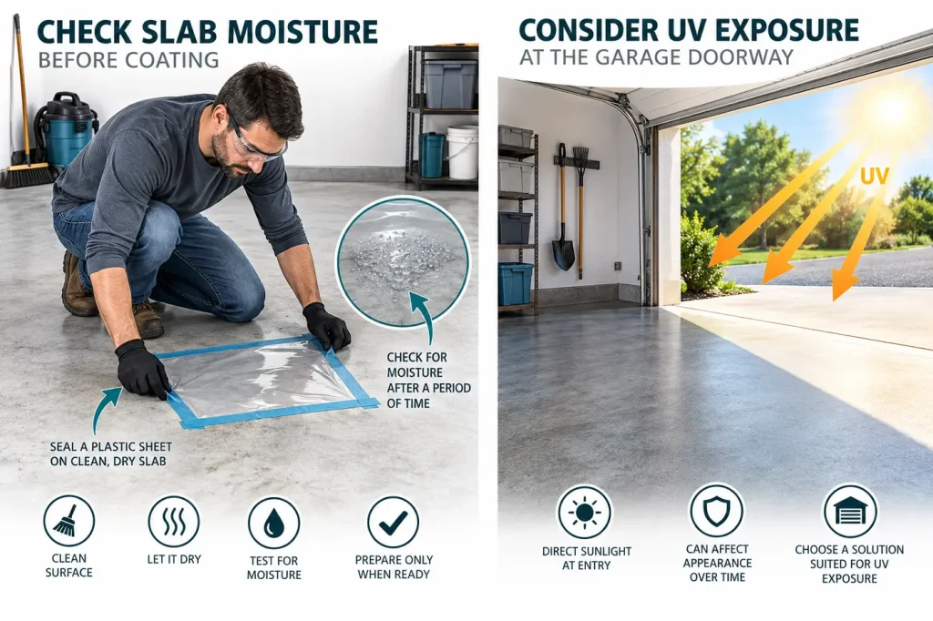Slab moisture test before coating and uv-exposed garage doorway