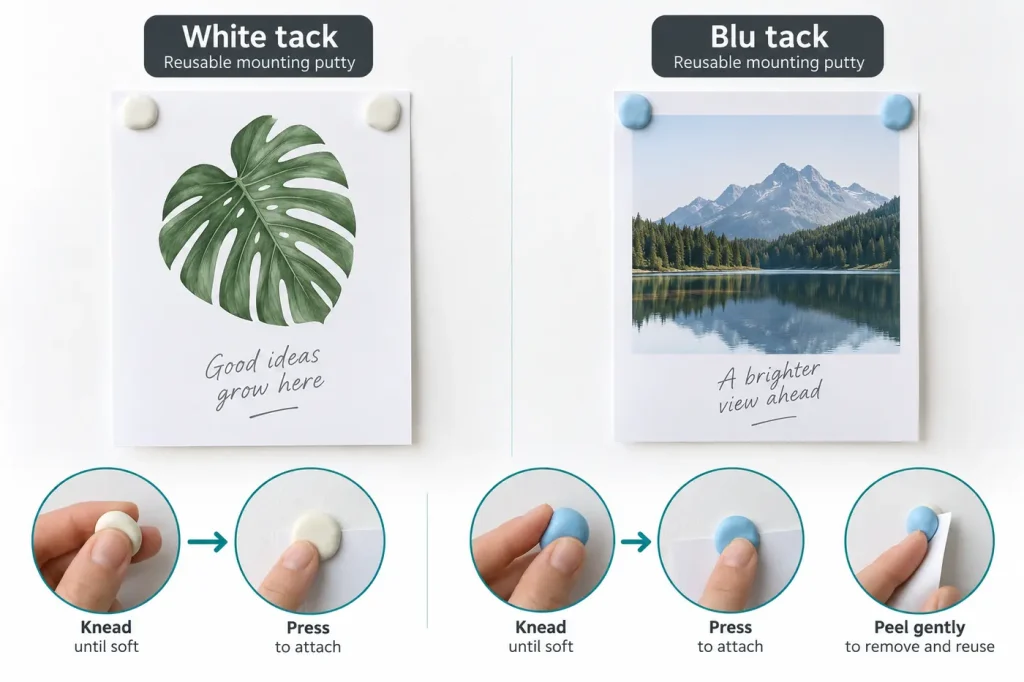 White and blue reusable mounting putty holding paper on smooth wall