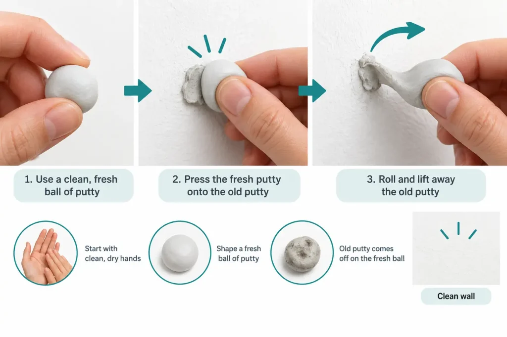 Rolling mounting putty off wall with a fresh ball of putty