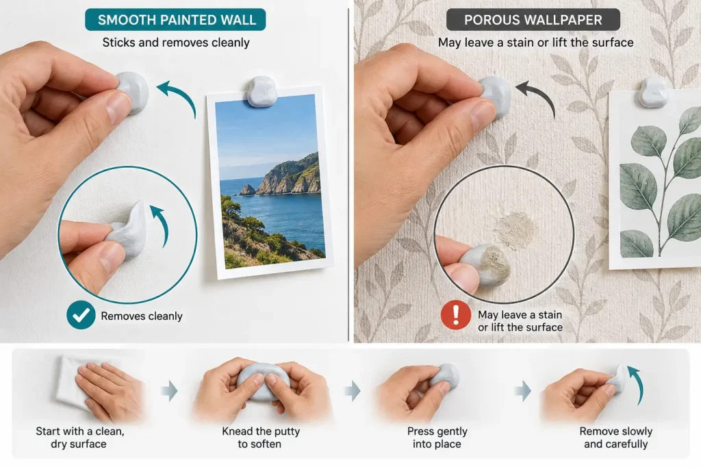 Putty on smooth painted wall versus porous wallpaper stain risk